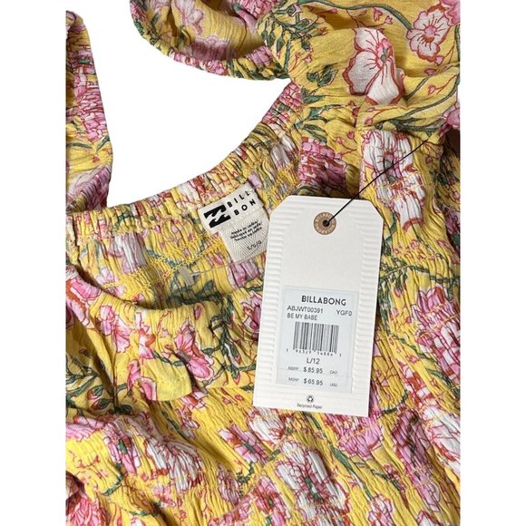 BILLABONG Be My Babe Crop Top Sz L Yellow Floral Bell Sleeve Square Neck Viscose - Picture 10 of 11